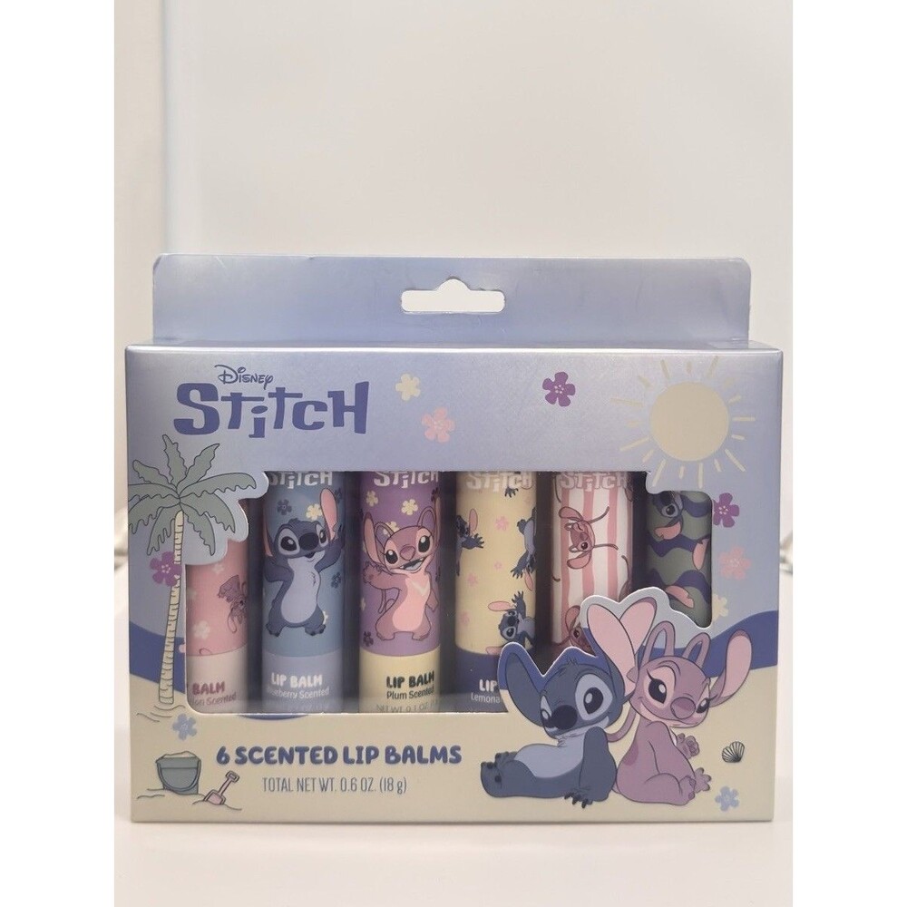 Disney Stitch Angel 6 Pc Scented Lip Balm Set Blueberry Plum Lemon Taste Beauty